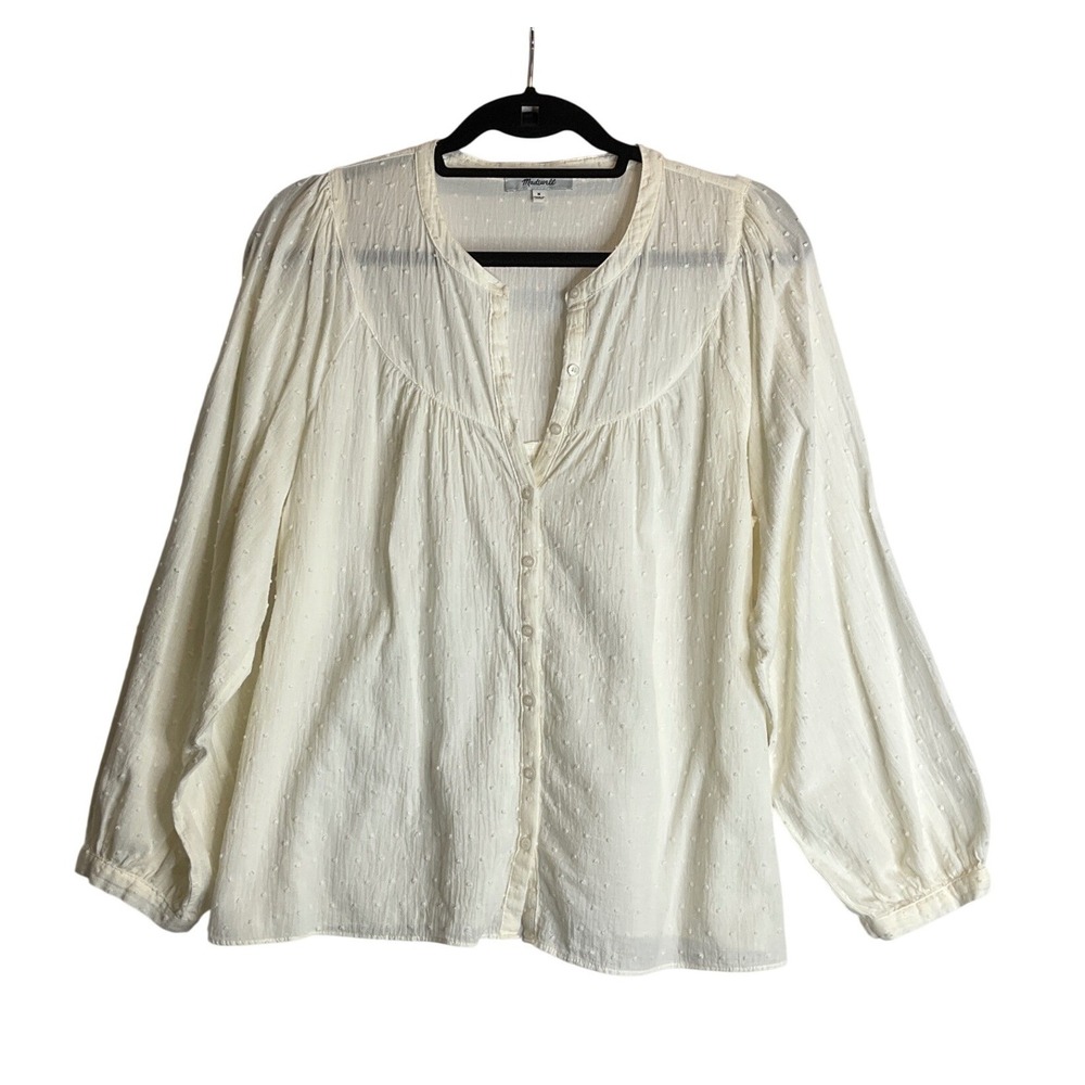 Madewell White Lightweight Blouse Button Front Swiss Dot Long Sleeve Peasant M